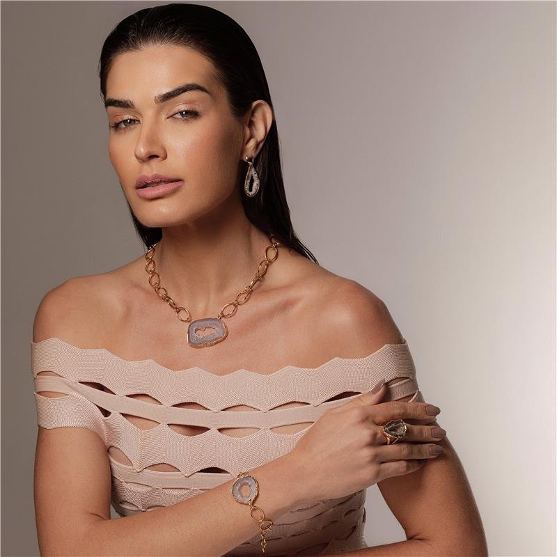Brinco Brilhato Raridade Geodo Natural — Folheado a Ouro