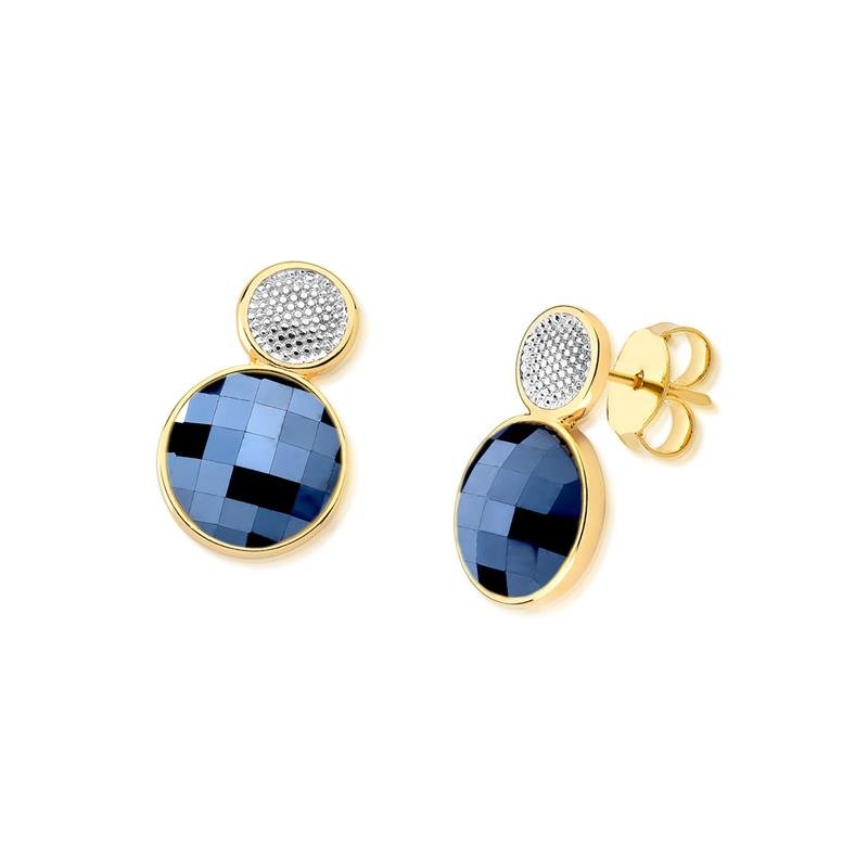 Brinco Brilhato Facetada Perolada 2,4 cm — Ouro e Ródio Branco — Ágata Preta Perolada