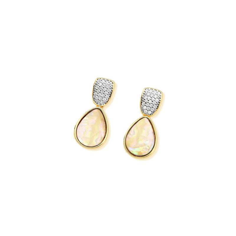 Brinco Brilhato folheado a ouro e ródio branco com Opala do Mar — Coleção Conchas