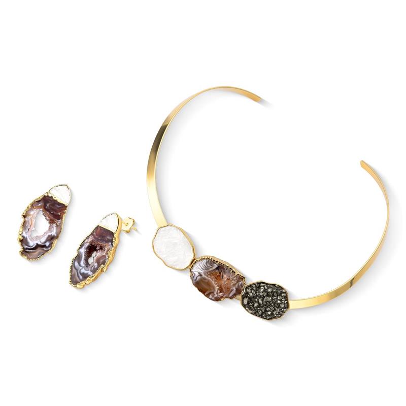 Conjunto Brilhato Pedras Naturais Brasileiras — Folheado a Ouro