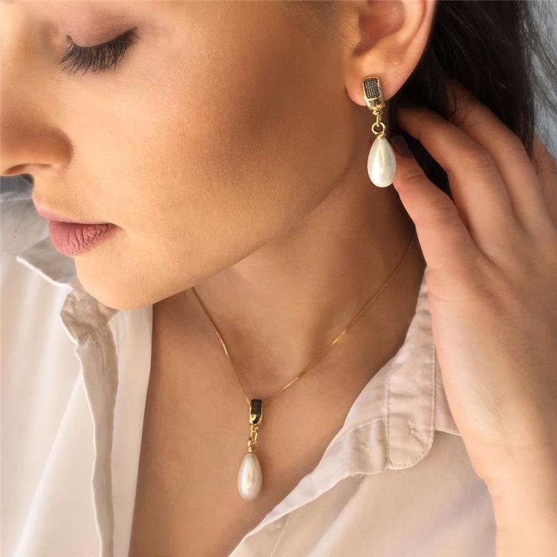 Conjunto Brilhato folheado a ouro com ródio negro e pérolas shell — referência 031256881