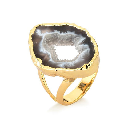 Anel Possebon Folheado a Ouro - Pedra Geodo Natural