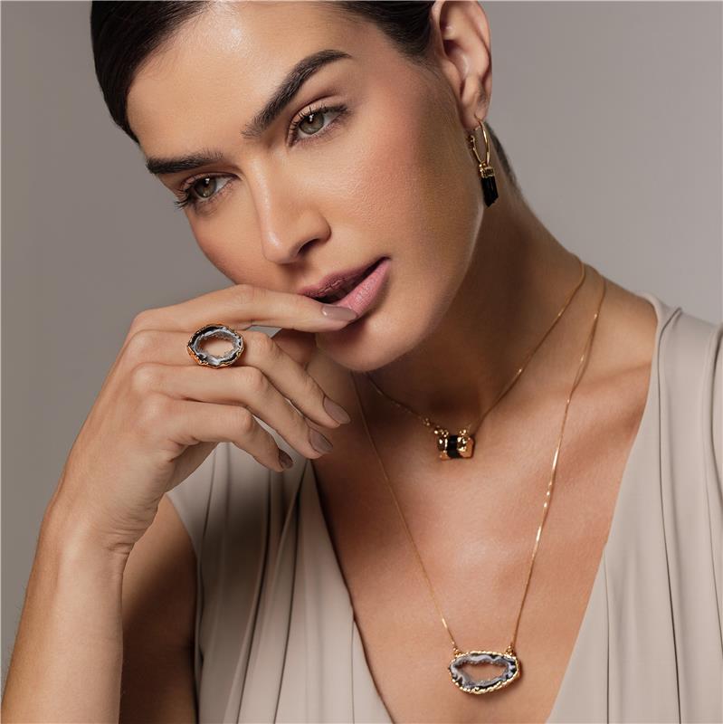 Anel Possebon Folheado a Ouro - Pedra Geodo Natural