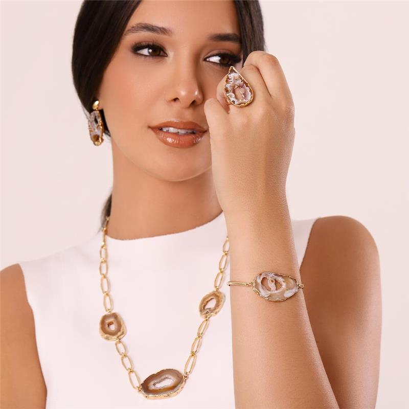 Anel Possebon Folheado a Ouro - Pedra Geodo Natural