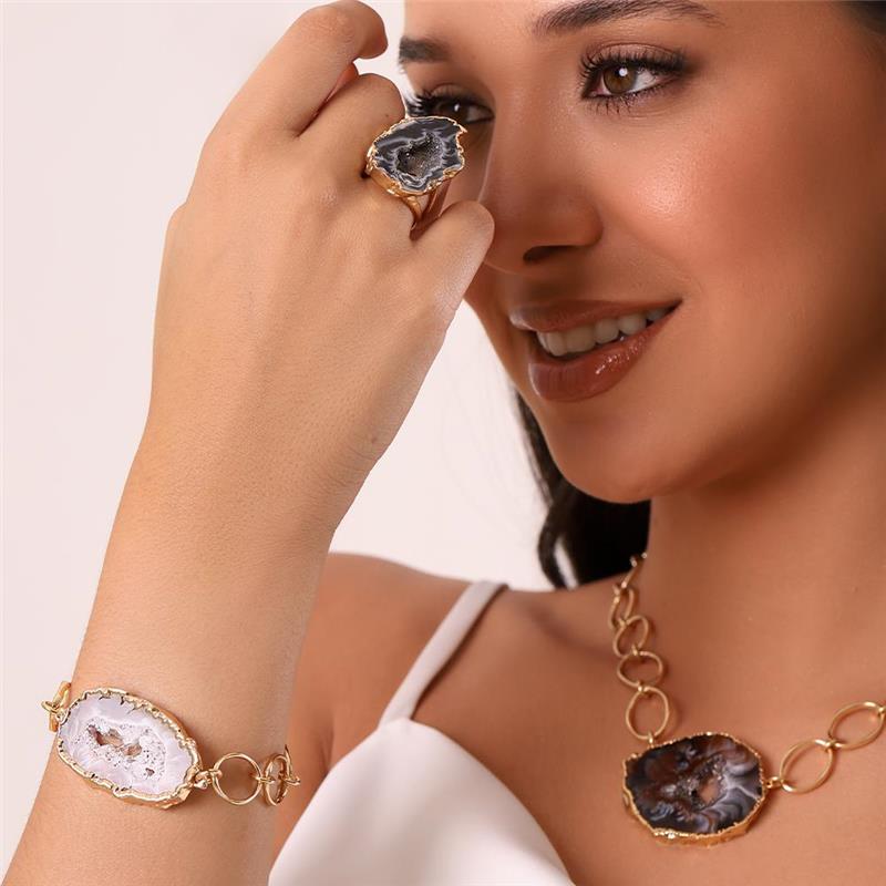 Anel Possebon Folheado a Ouro - Pedra Geodo Natural