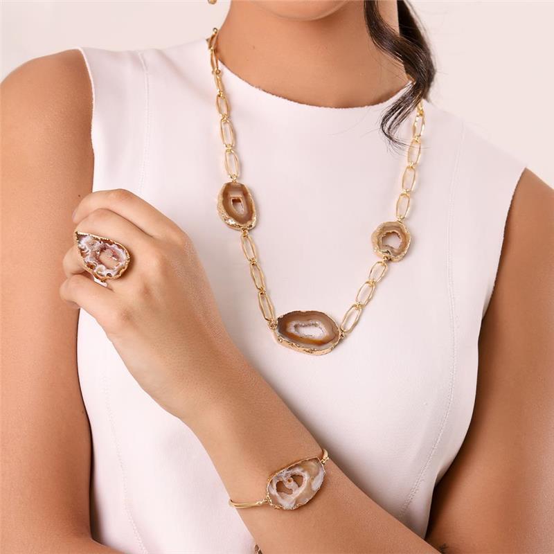 Anel Possebon Folheado a Ouro - Pedra Geodo Natural