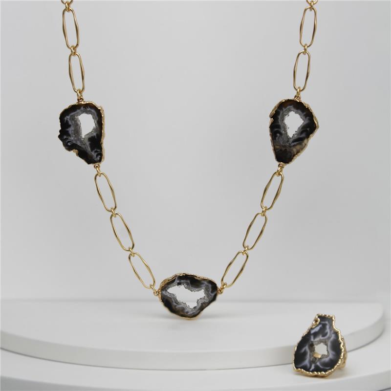 Anel Possebon Folheado a Ouro - Pedra Geodo Natural