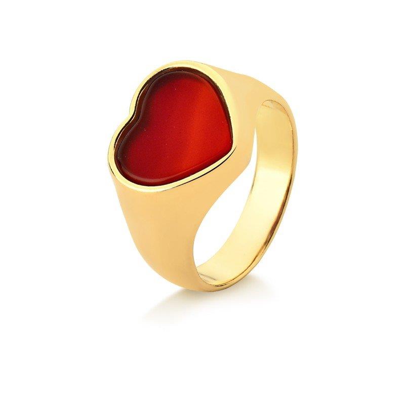 Anel Possebon Folheado a Ouro - Pedra Natural Ágata Vermelha