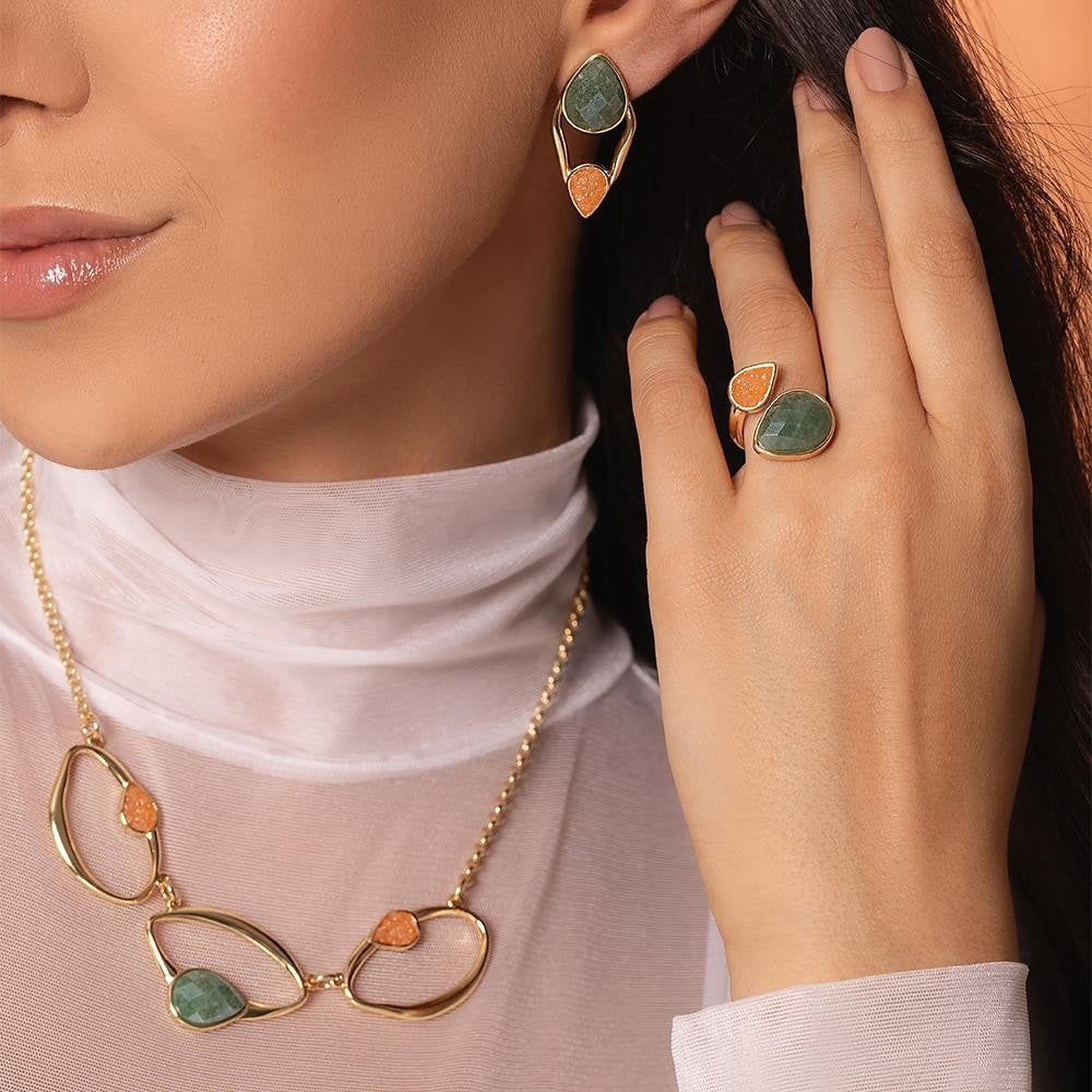 Anel Possebon Folheado a Ouro - Pedra Natural