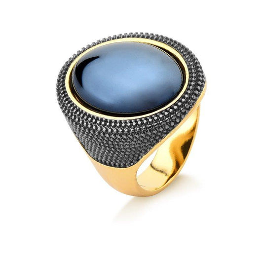 Anel Possebon Folheado a Ouro e Ródio Negro - Pedra Natural