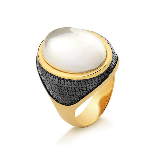 Anel Possebon Folheado a Ouro e Ródio Negro - Pedra Natural