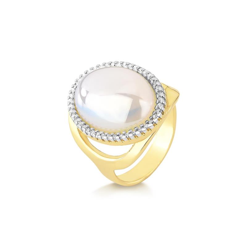 Anel Possebon Folheado a Ouro e Ródio Branco - Pedra Natural