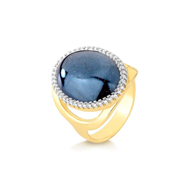 Anel Possebon Folheado a Ouro e Ródio Branco - Pedra Natural