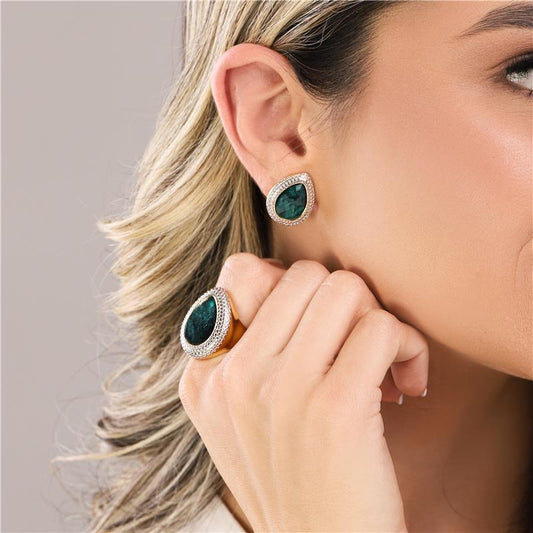 Anel Possebon Folheado a Ouro e Ródio Branco - Pedra Natural