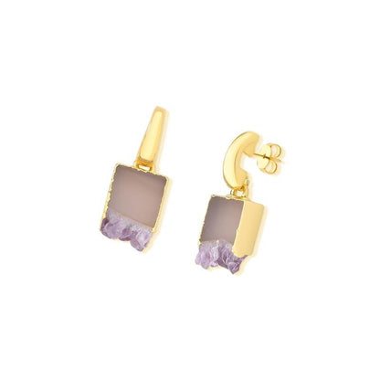 Brinco Brilhato Raridade Geodo de Ametista — Folheado a Ouro