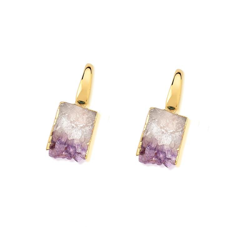 Brinco Brilhato Raridade Geodo de Ametista — Folheado a Ouro