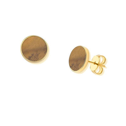 Brinco Brilhato Geométrica Pedra Redonda 12 mm — Folheado a Ouro — Olho de Tigre