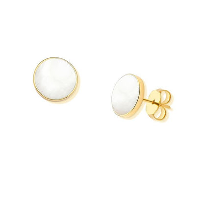 Brinco Brilhato Geométrica Pedra Redonda 12 mm — Folheado a Ouro — Madrepérola