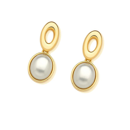 Brinco folheado a ouro com pérola shell branca oval — Coleção Pérolas