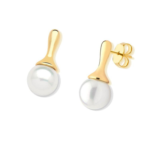 Brinco folheado a ouro com pérola shell branca de 12 mm — Coleção Pérolas
