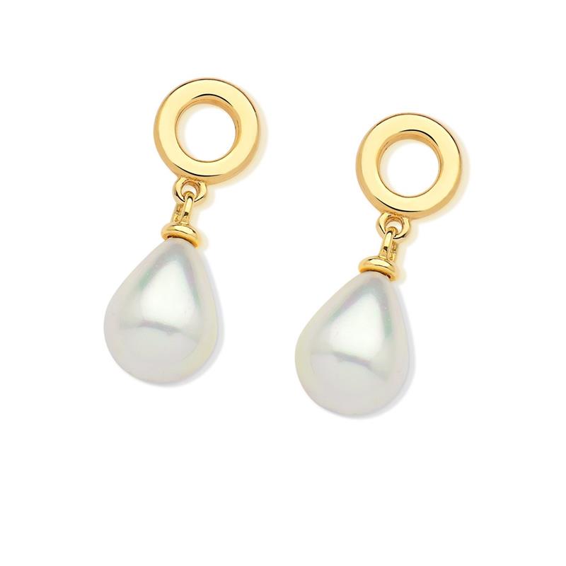 Brinco folheado a ouro com pérola shell branca em formato de gota — Coleção Pérolas