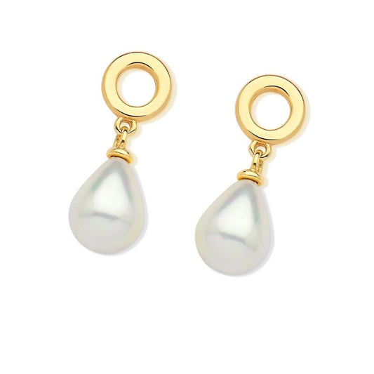 Brinco folheado a ouro com pérola shell branca em formato de gota — Coleção Pérolas