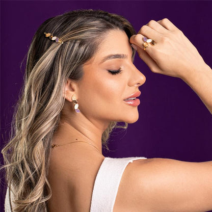 Brinco Brilhato Pedras Naturais Brasileiras — Folheado a Ouro