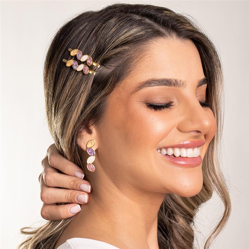 Brinco Brilhato Pedras Naturais Brasileiras — Folheado a Ouro