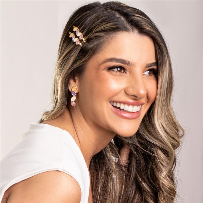 Brinco Brilhato Pedras Naturais Brasileiras — Folheado a Ouro
