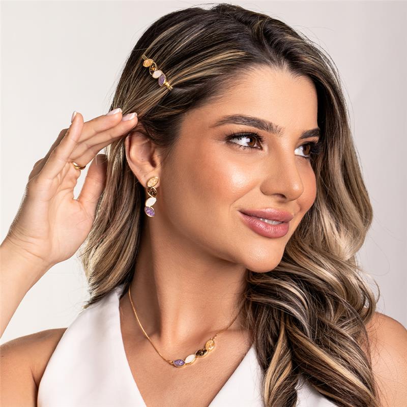 Brinco Brilhato Pedras Naturais Brasileiras — Folheado a Ouro