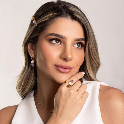 Brinco Brilhato Pedras Naturais Brasileiras — Folheado a Ouro