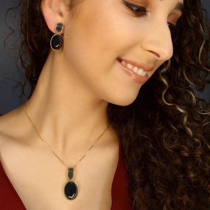 Brinco Possebon Folheado a Ouro e Ródio Negro - Pedra Natural