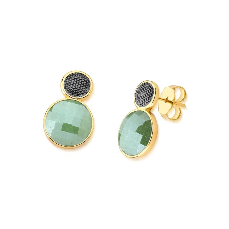 Brinco Brilhato Facetada Perolada 2,4 cm — Ouro e Ródio Negro — Quartzo Verde Perolada