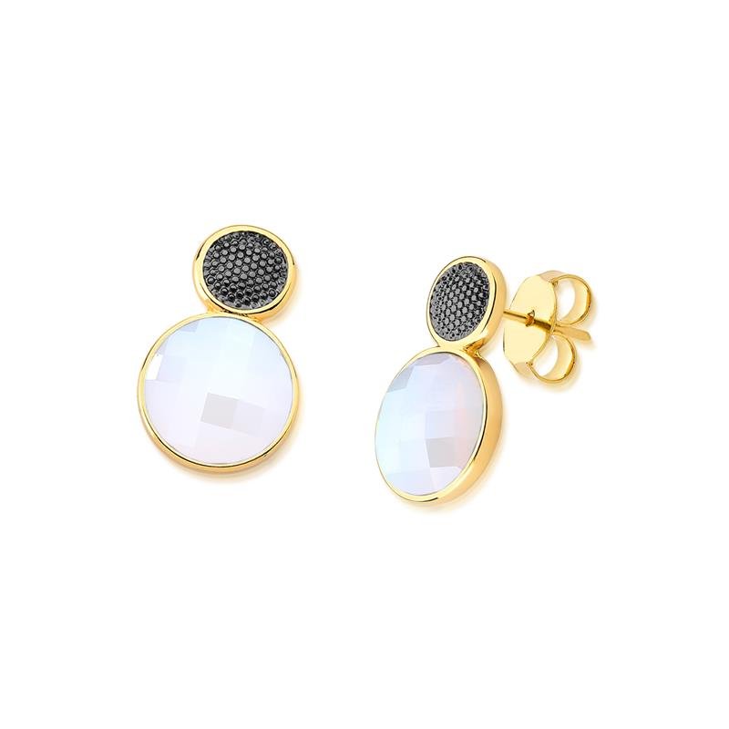 Brinco Brilhato Facetada Perolada 2,4 cm — Ouro e Ródio Negro — Opalina Perolada