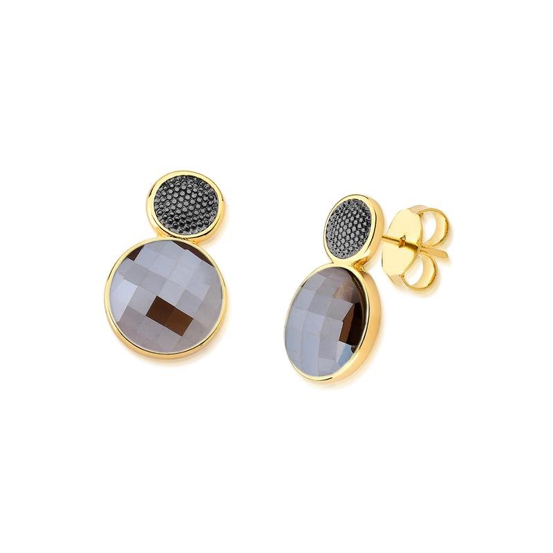 Brinco Brilhato Facetada Perolada 2,4 cm — Ouro e Ródio Negro — Obsidiana Fumê Perolada