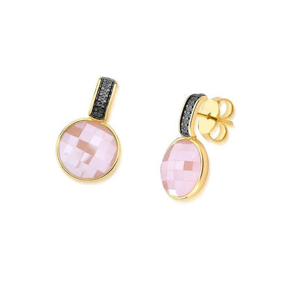 Brinco Brilhato Facetada Perolada 2,5 cm — Ouro e Ródio Negro — Quartzo Rosa Perolada