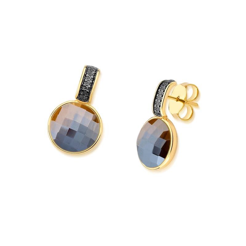 Brinco Brilhato Facetada Perolada 2,5 cm — Ouro e Ródio Negro — Olho de Tigre Perolada