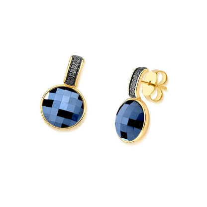 Brinco Brilhato Facetada Perolada 2,5 cm — Ouro e Ródio Negro — Ágata Preta Perolada