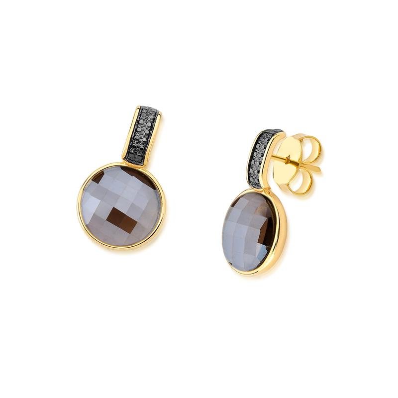 Brinco Brilhato Facetada Perolada 2,5 cm — Ouro e Ródio Negro — Obsidiana Fumê Perolada