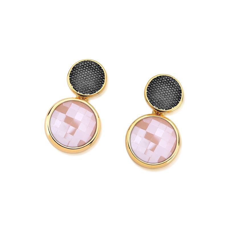 Brinco Brilhato Facetada Perolada 2,7 cm — Ouro e Ródio Negro — Quartzo Rosa Perolada