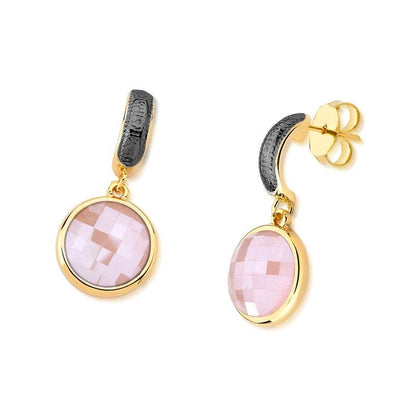 Brinco Brilhato Facetada Perolada 3,5 cm — Ouro e Ródio Negro — Quartzo Rosa Perolada