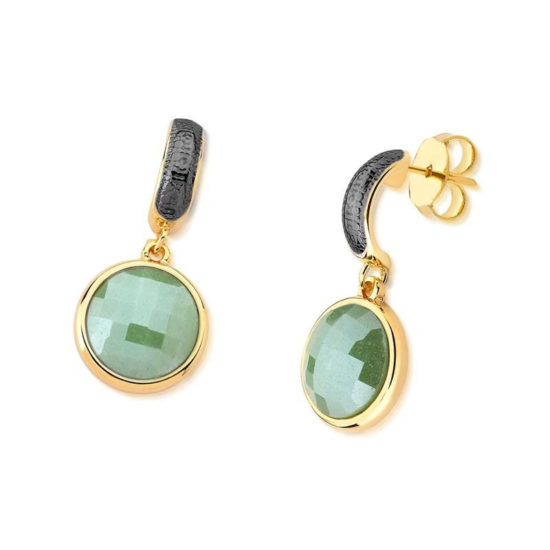 Brinco Brilhato Facetada Perolada 3,5 cm — Ouro e Ródio Negro — Quartzo Verde Perolada