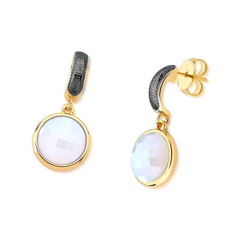 Brinco Brilhato Facetada Perolada 3,5 cm — Ouro e Ródio Negro — Opalina Perolada