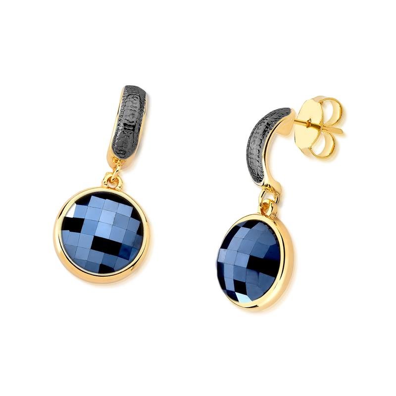 Brinco Brilhato Facetada Perolada 3,5 cm — Ouro e Ródio Negro — Ágata Preta Perolada
