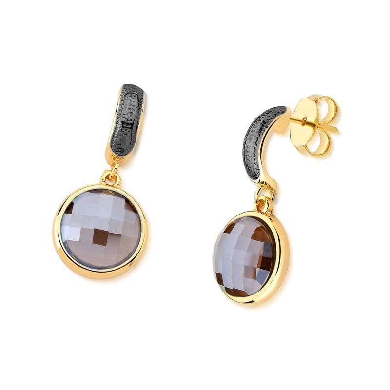 Brinco Brilhato Facetada Perolada 3,5 cm — Ouro e Ródio Negro — Obsidiana Fumê Perolada