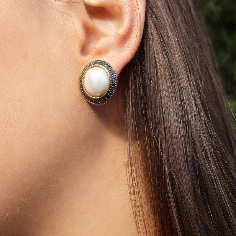 Brinco Possebon Folheado a Ouro e Ródio Negro - Pedra Natural