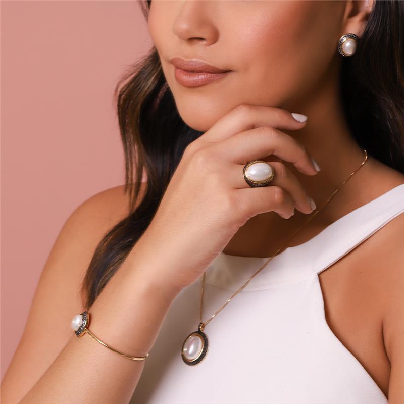 Brinco Possebon Folheado a Ouro e Ródio Negro - Pedra Natural