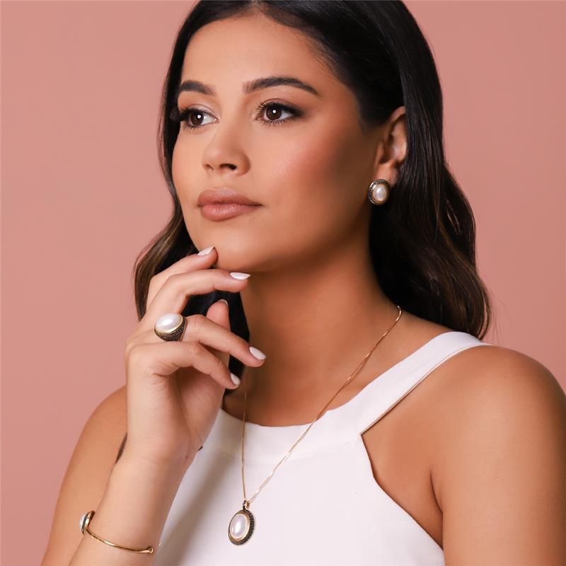 Brinco Possebon Folheado a Ouro e Ródio Negro - Pedra Natural