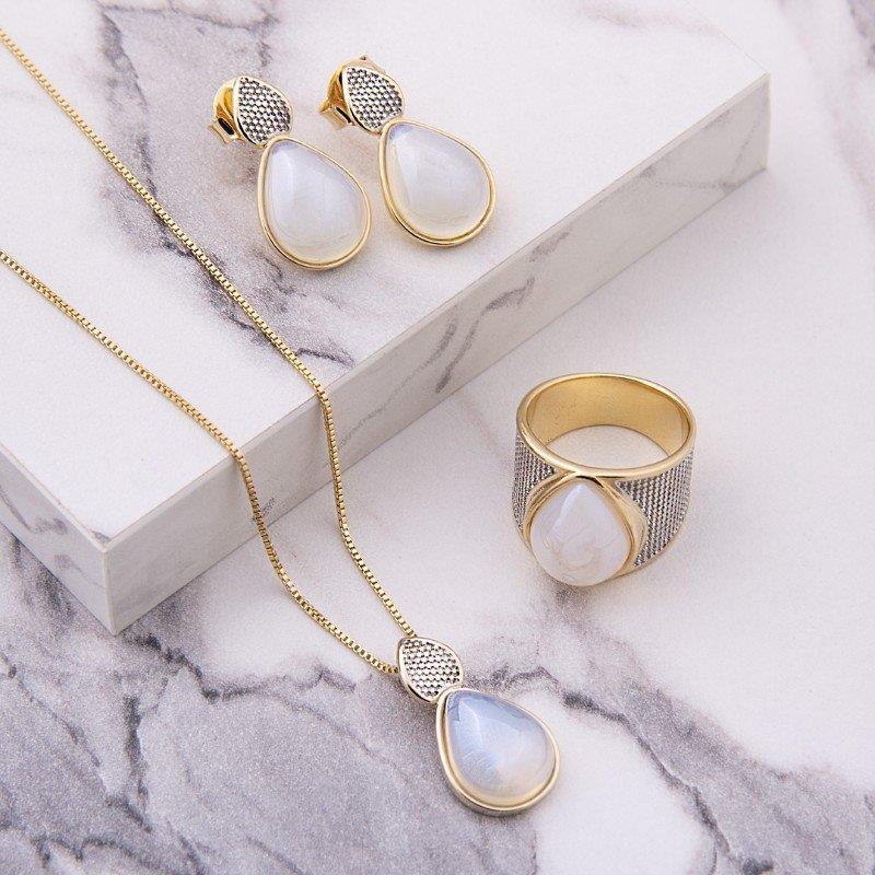 Brinco Possebon Folheado a Ouro e Ródio Branco - Pedra Natural