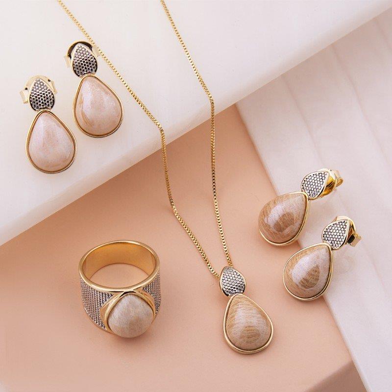 Brinco Possebon Folheado a Ouro e Ródio Branco - Pedra Natural